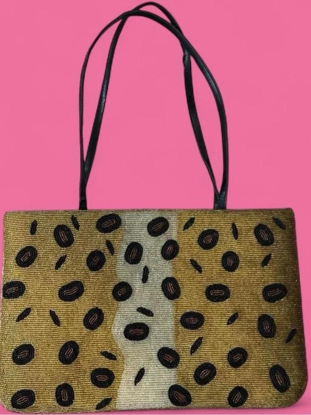 Gold Beaded Leopard-Print Tote with Cream Stripe